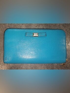 Miu Miu Turquoise Zip-Around Wallet with Bow Accent
